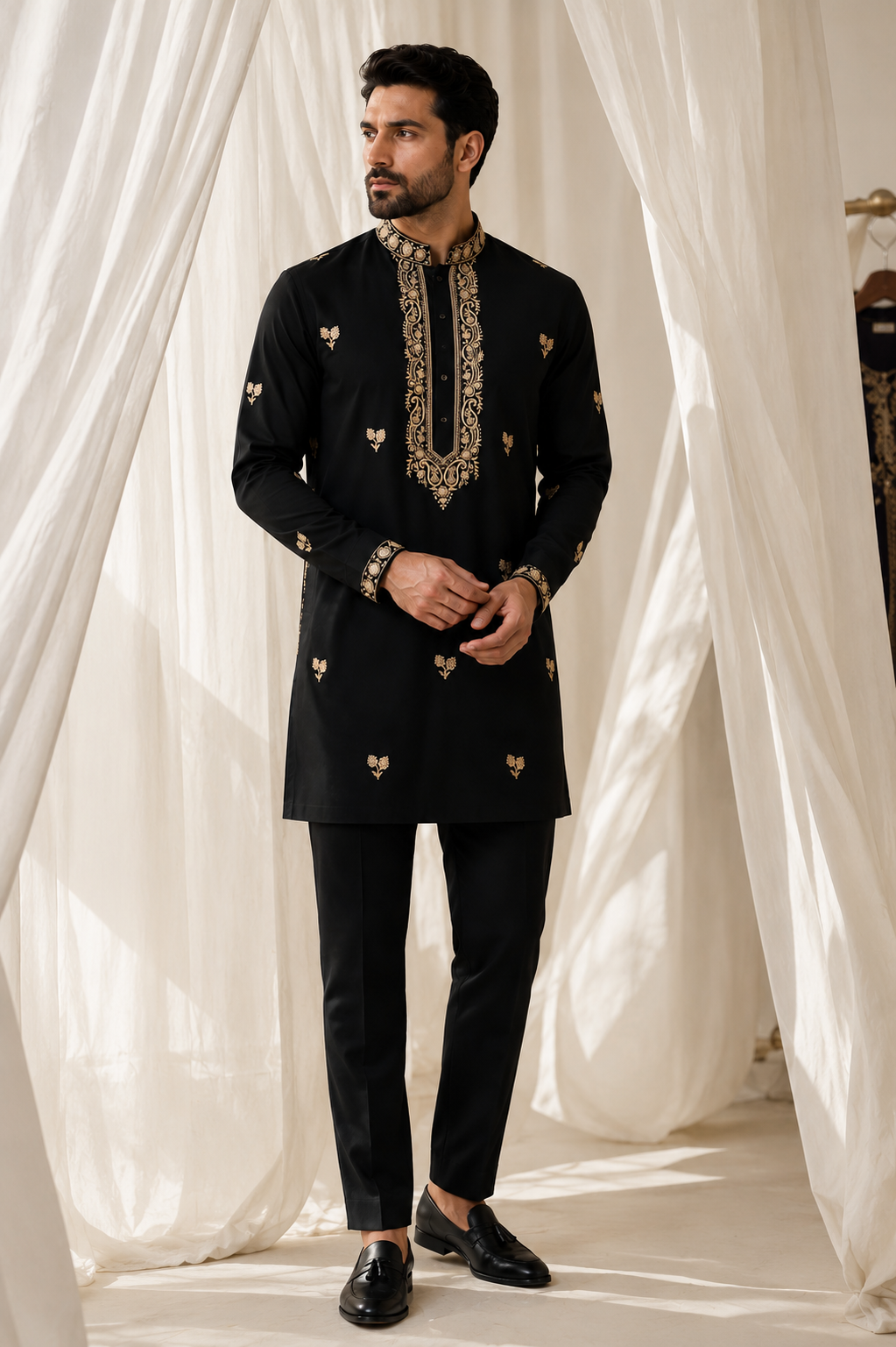 Man wearing black and gold embroidered kurta set - front view