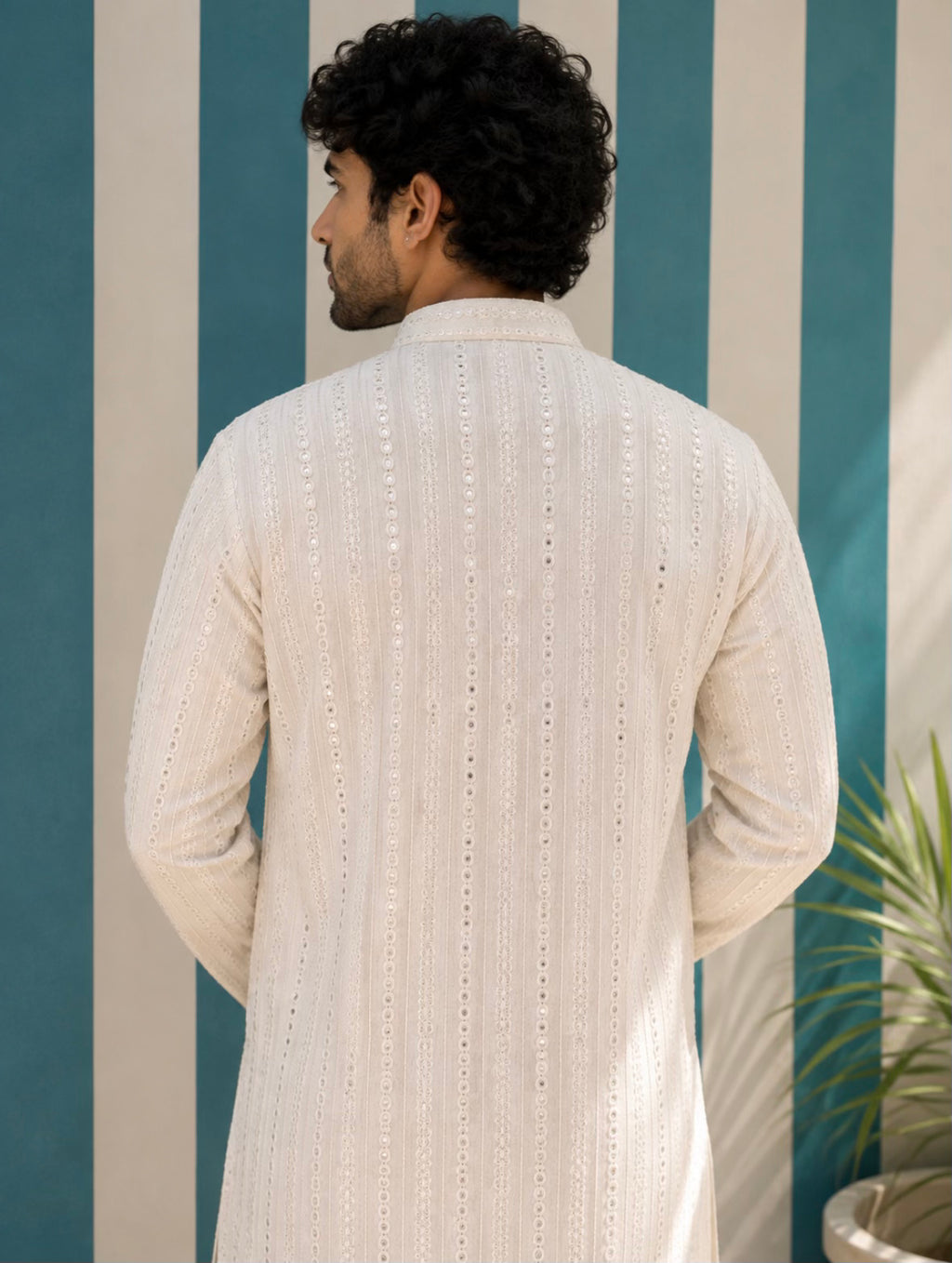 AAINA ivory mirror work kurta for men - back view