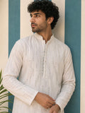 Man wearing AAINA ivory mirror work kurta - side pose