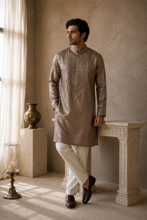 FITOOR taupe embroidered kurta for men - full front view
