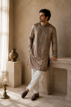 Man wearing taupe embroidered tissue silk kurta - front view