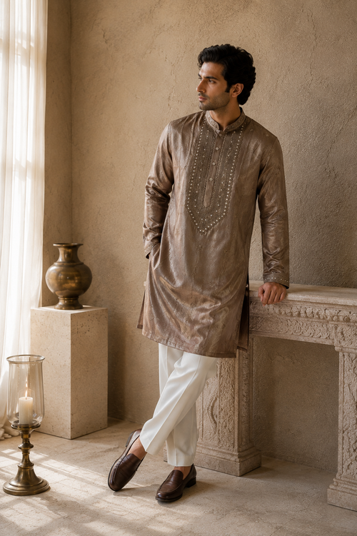 Man wearing taupe embroidered tissue silk kurta - front view