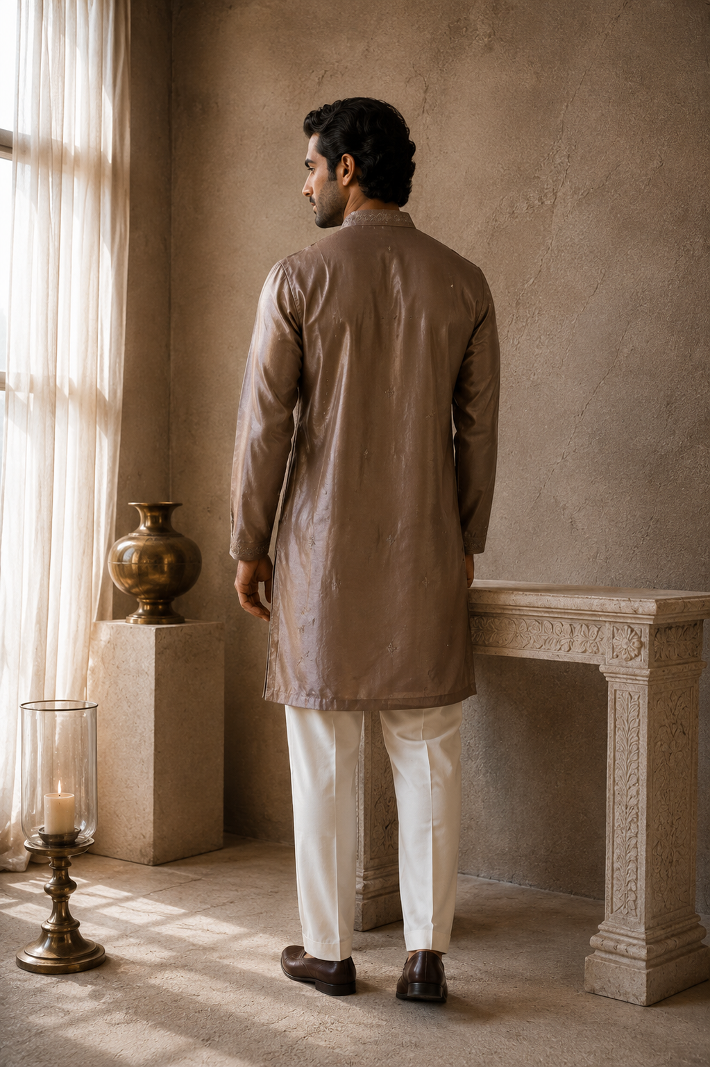 FITOOR taupe embroidered kurta for men - back view