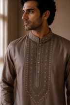 Close-up of embroidered collar and placket on FITOOR kurta