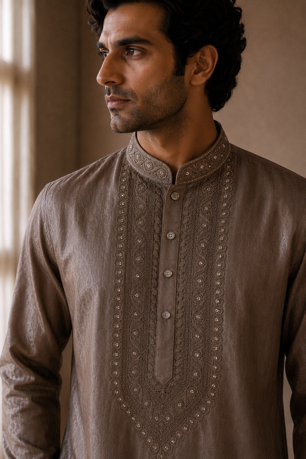 Close-up of embroidered collar and placket on FITOOR kurta