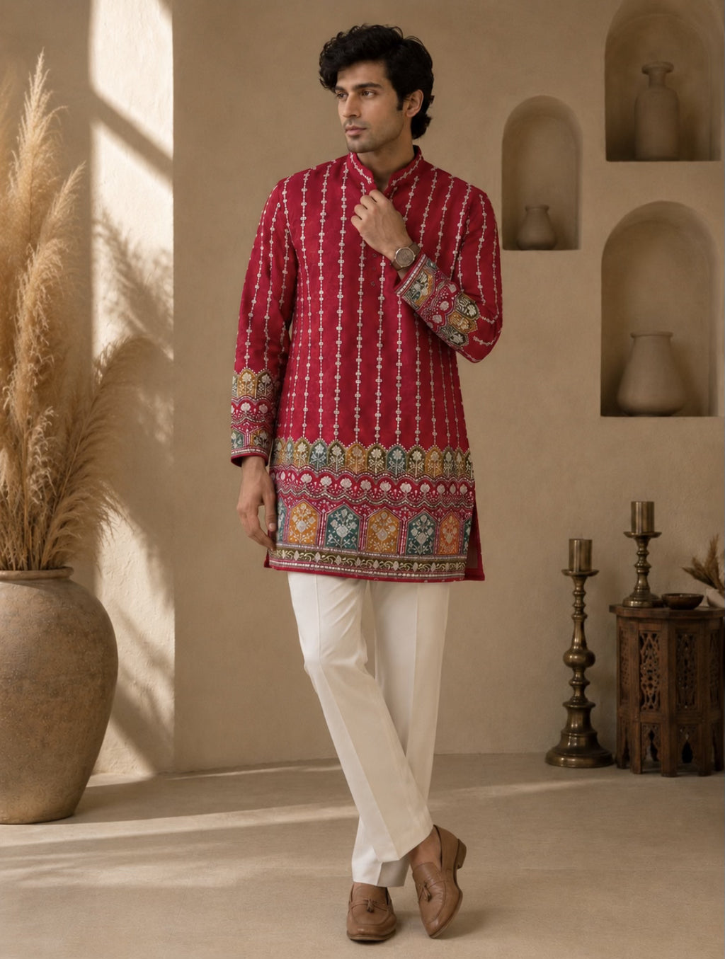 A man modeling a red long-sleeve kurta with intricate multicolor embroidery and vertical white stripes, paired with white trousers and brown shoes, in a warm, rustic interior setting.
