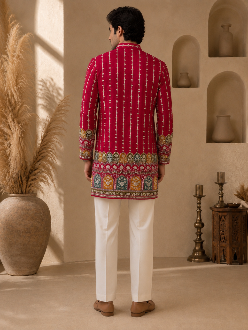 GULAAL hot pink Kanjivaram silk kurta for men - back view