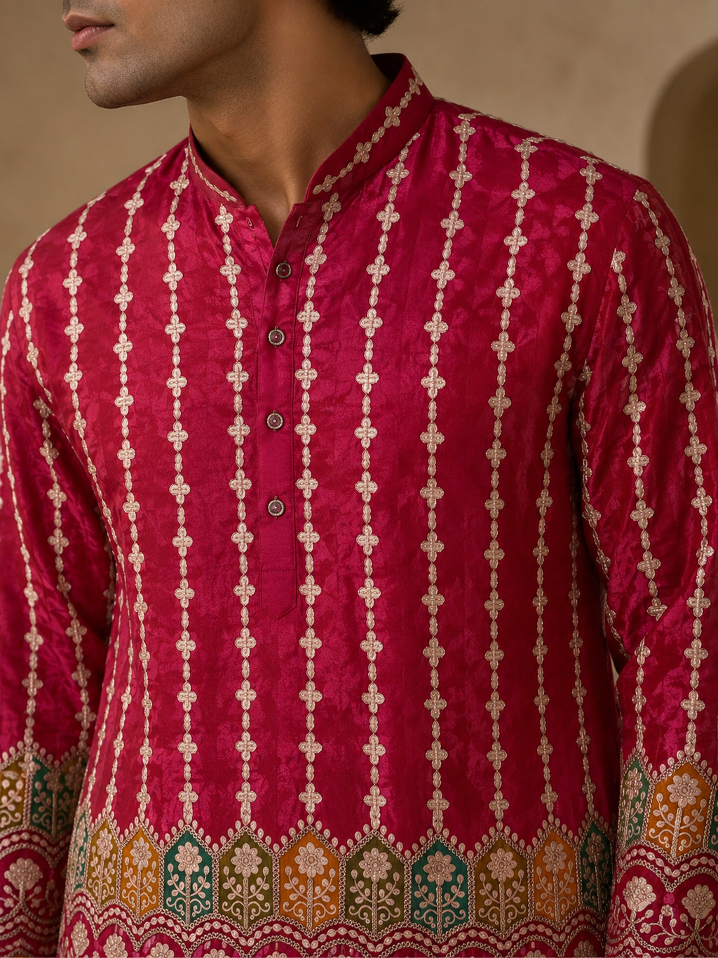 Close-up of hot pink embroidered collar and placket on GULAAL kurta