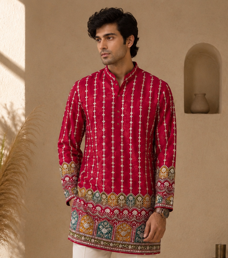 GULAAL hot pink Kanjivaram silk kurta for men - front view