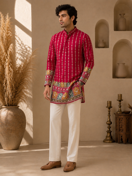 Man wearing GULAAL hot pink kurta - full front view