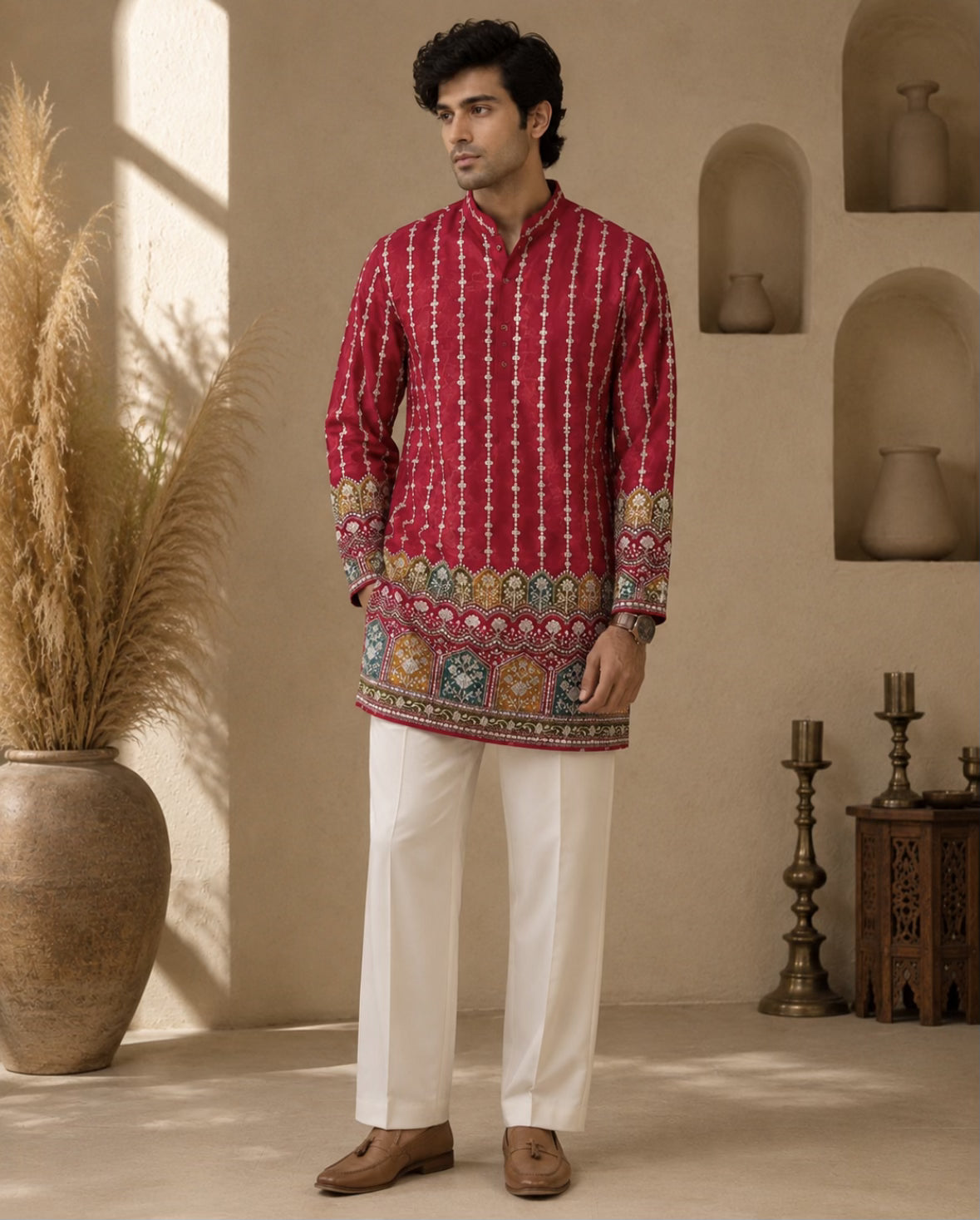 A man modeling a red kurta with vertical white stripes and a colorful embroidered border, paired with white trousers and brown shoes, in a warm, sunlit room with decorative arches and pampas grass.