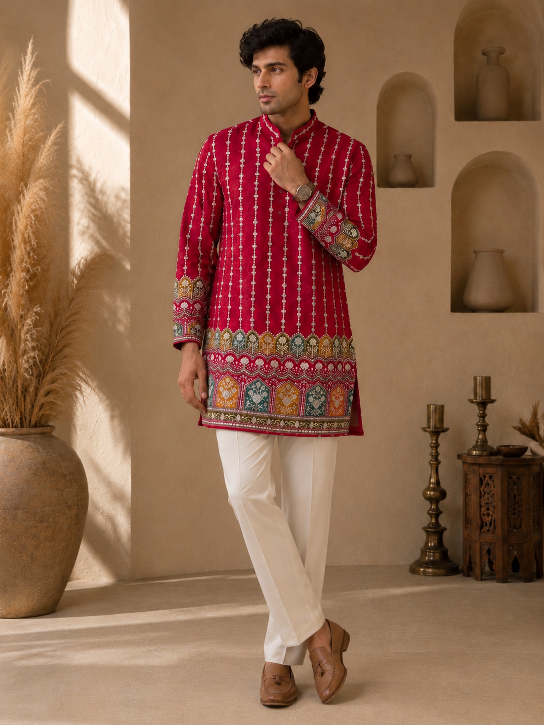GULAAL hot pink embroidered kurta for men - side angle