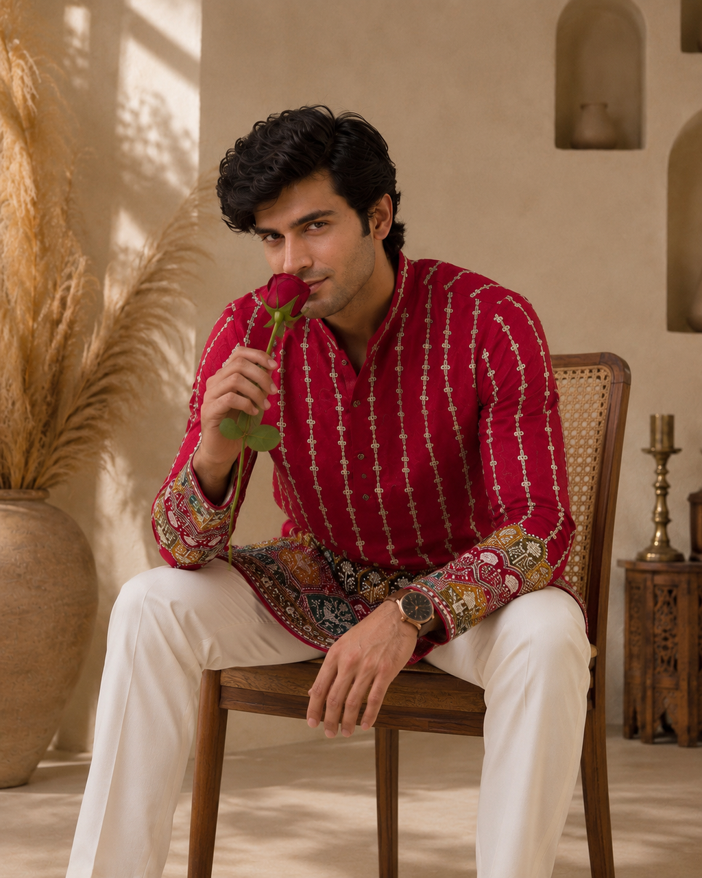 Man wearing hot pink GULAAL kurta, seated holding a rose