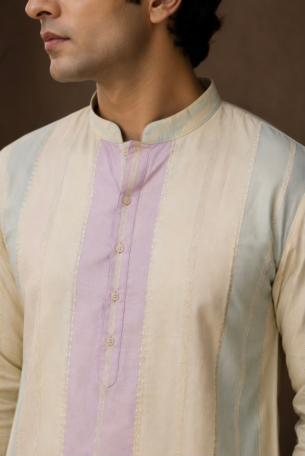 Close-up of striped Banarasi jacquard collar and placket on MASTANA kurta