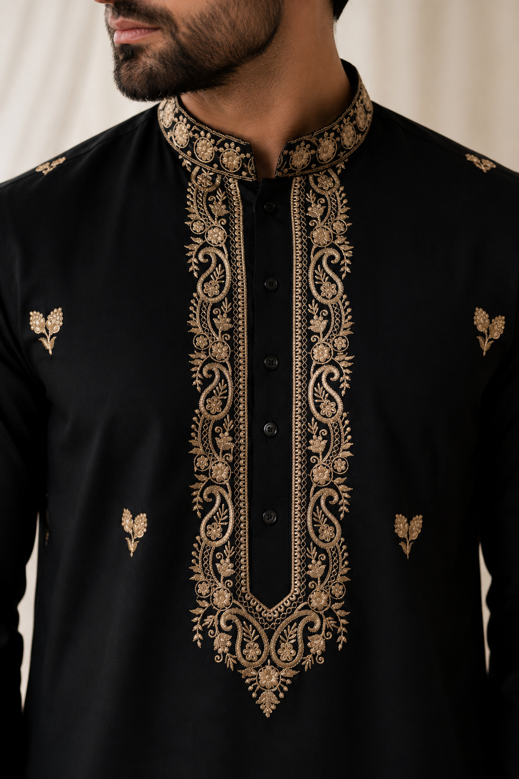Close-up of gold embroidered placket and collar on MEHFIL kurta