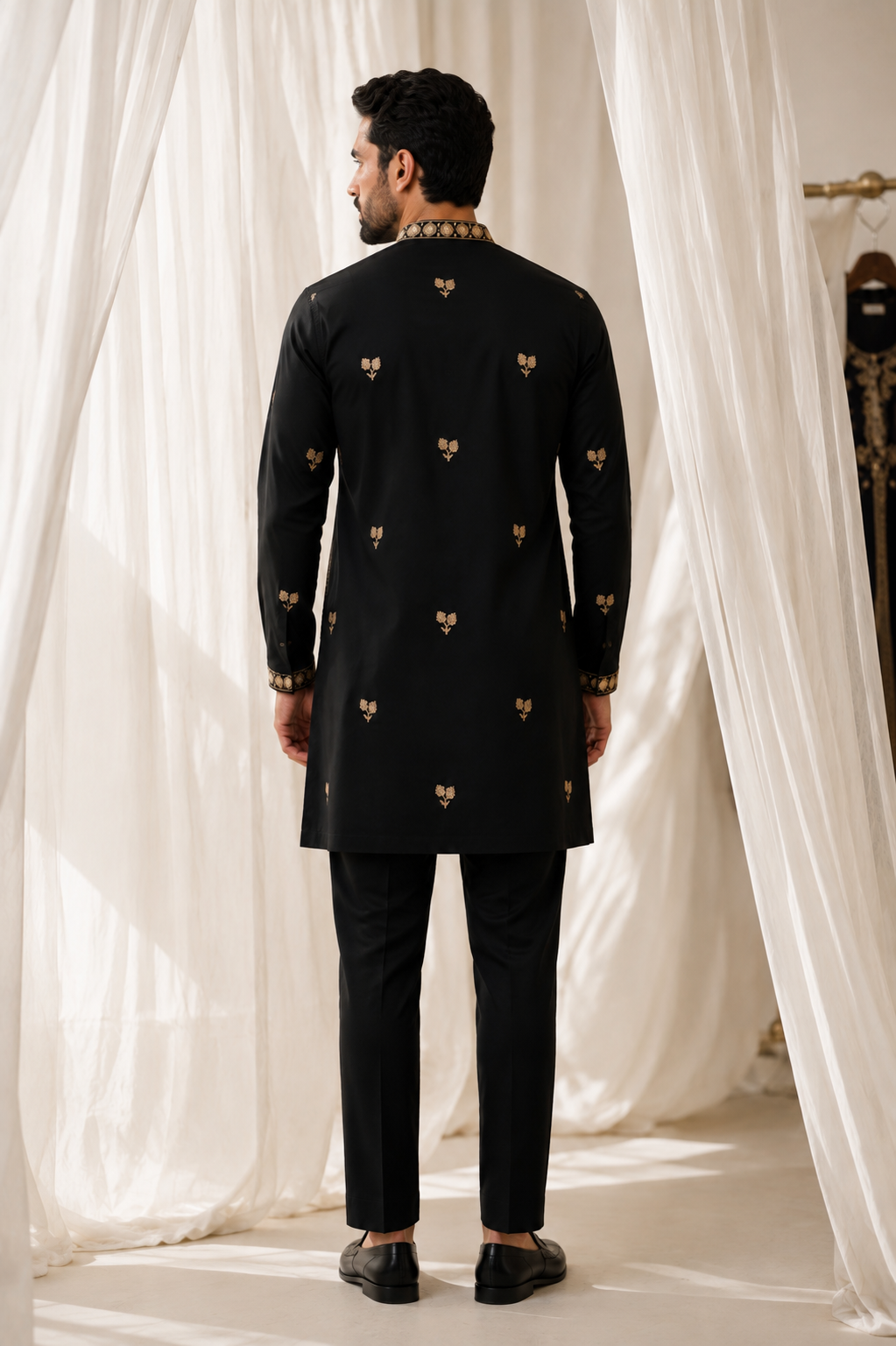 MEHFIL black and gold embroidered kurta set for men - back view