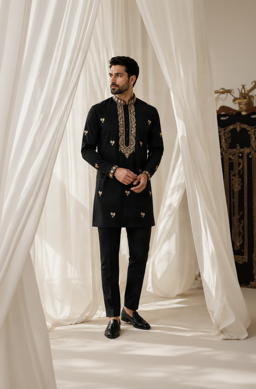 Man wearing black and gold embroidered kurta set - front view