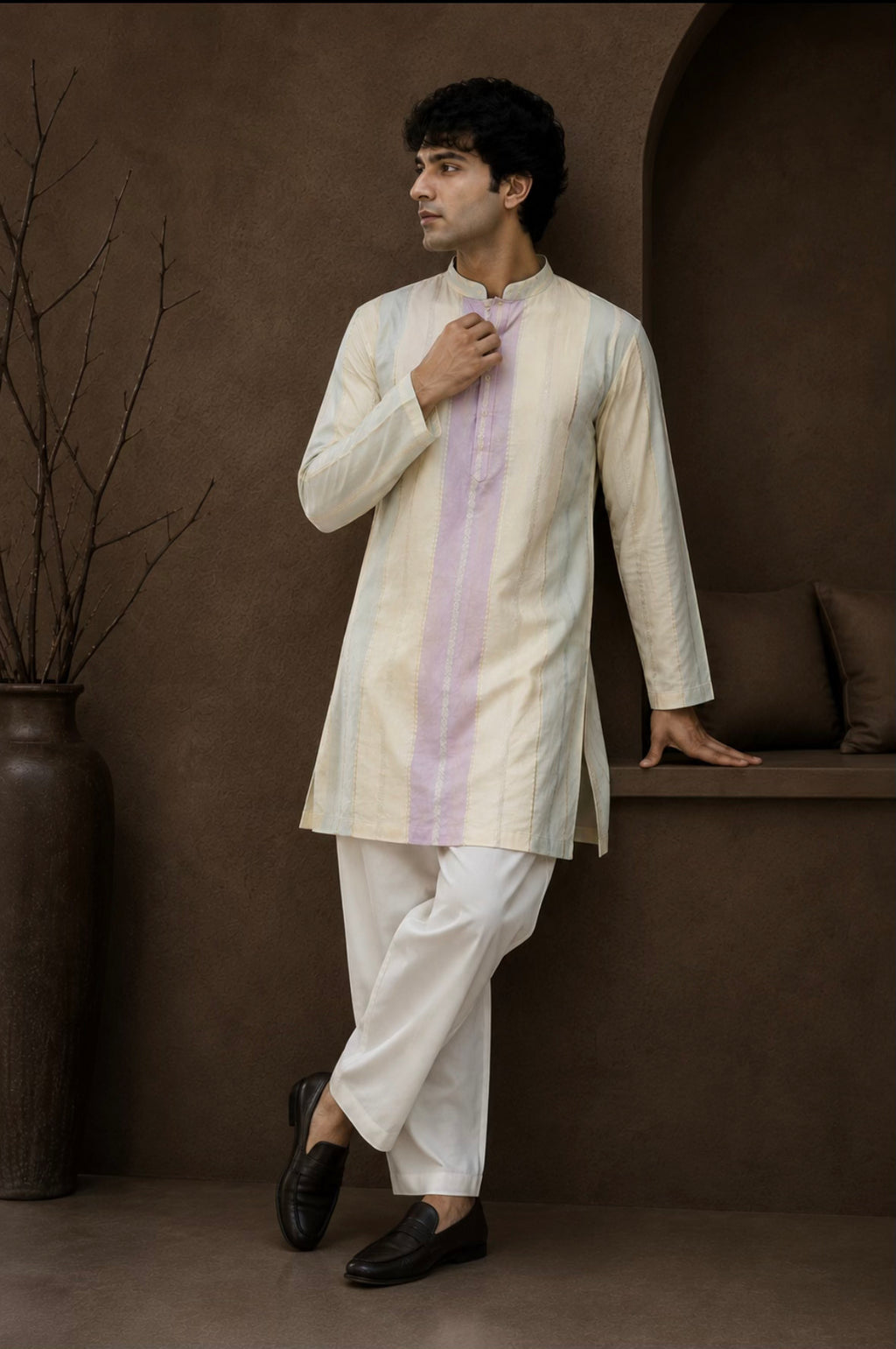 Man wearing MASTANA striped Banarasi kurta - front view