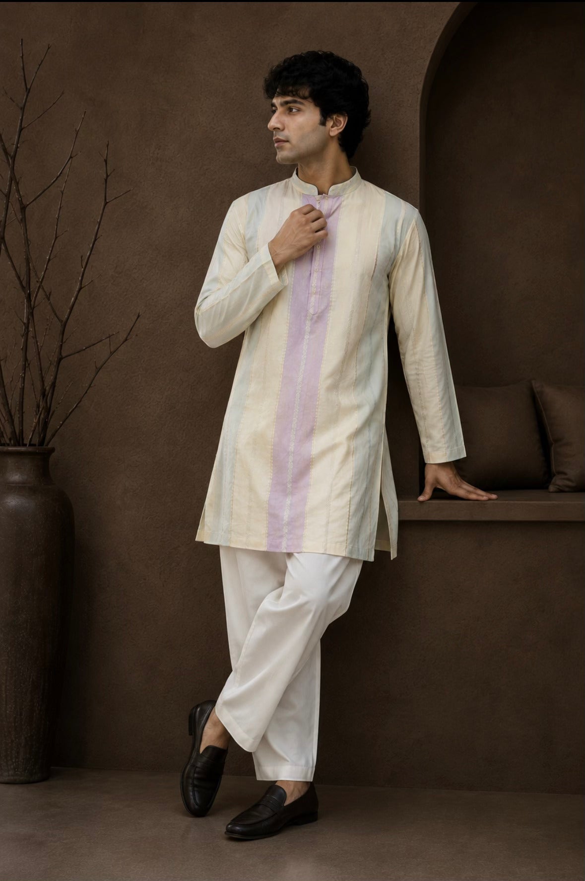 Man wearing MASTANA striped Banarasi kurta - front view