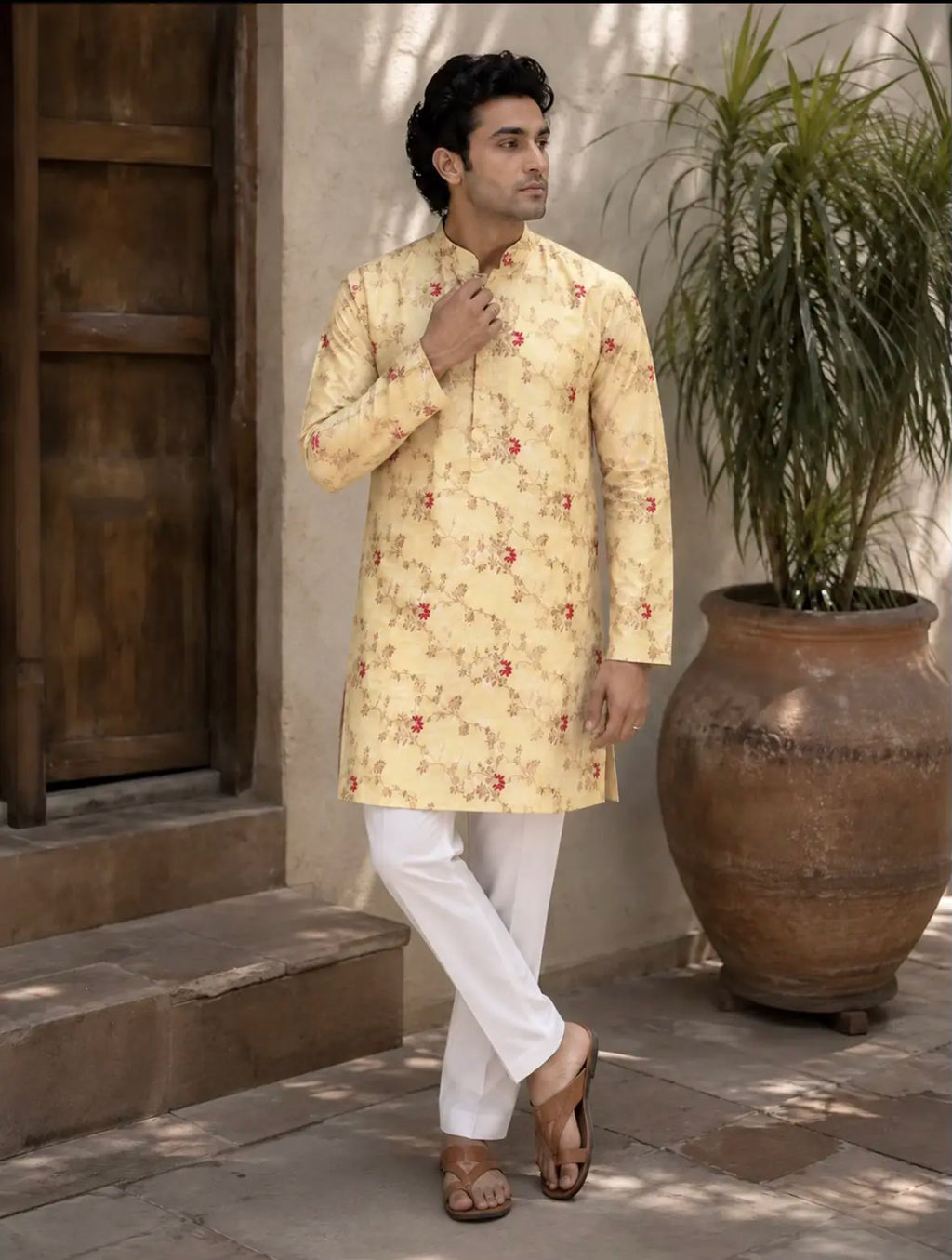 A man wearing a light yellow kurta with a red floral pattern and white trousers, standing in an outdoor courtyard next to a large potted plant.