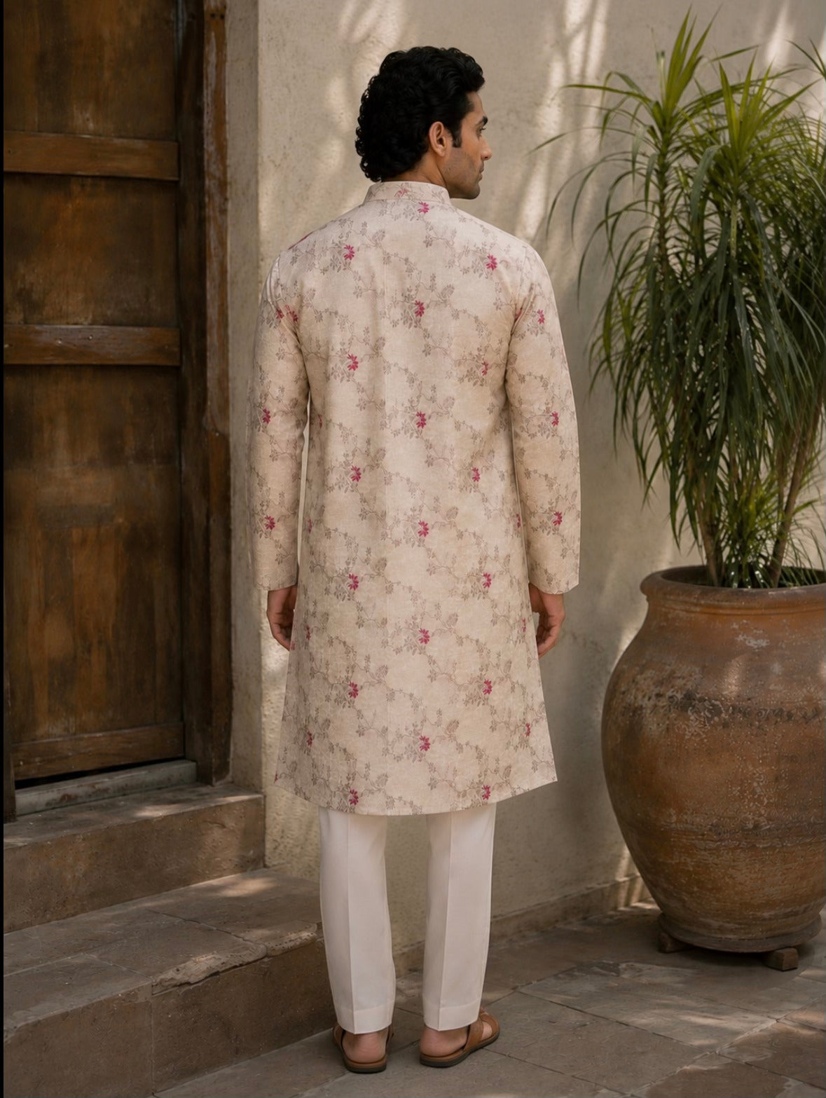 NAZAAKAT light gold jacquard kurta for men - back view