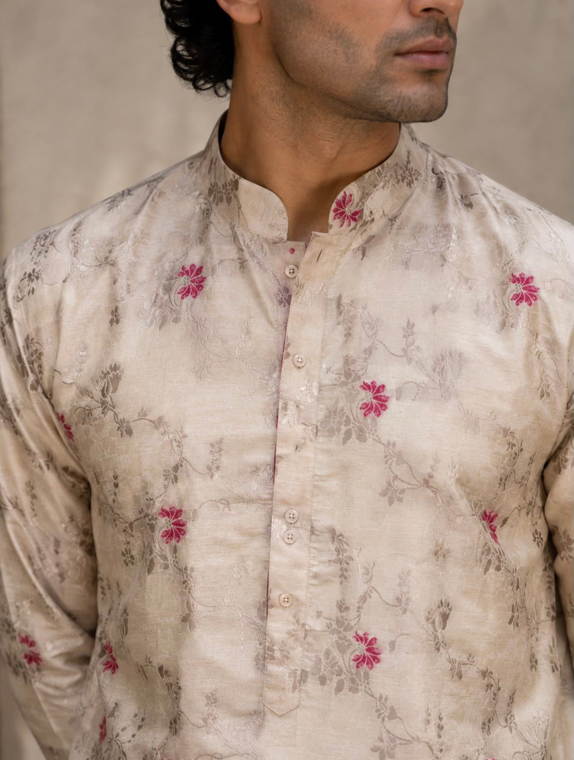 AZAAKAT light gold floral jacquard kurta for men - close front view