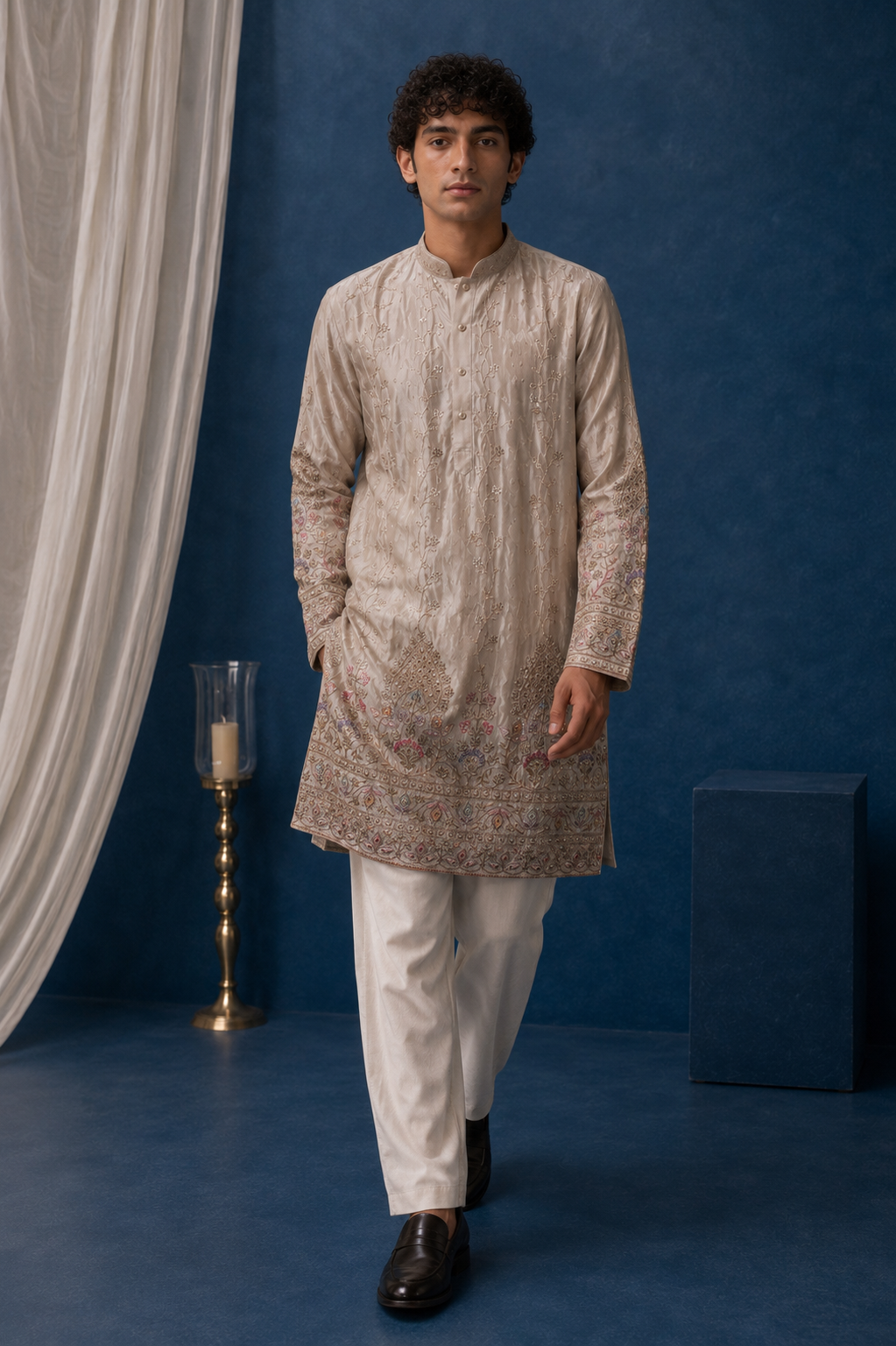 NOOR beige embroidered pure tissue kurta for men - full front view