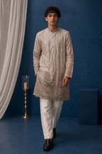NOOR beige embroidered pure tissue kurta for men - full front view