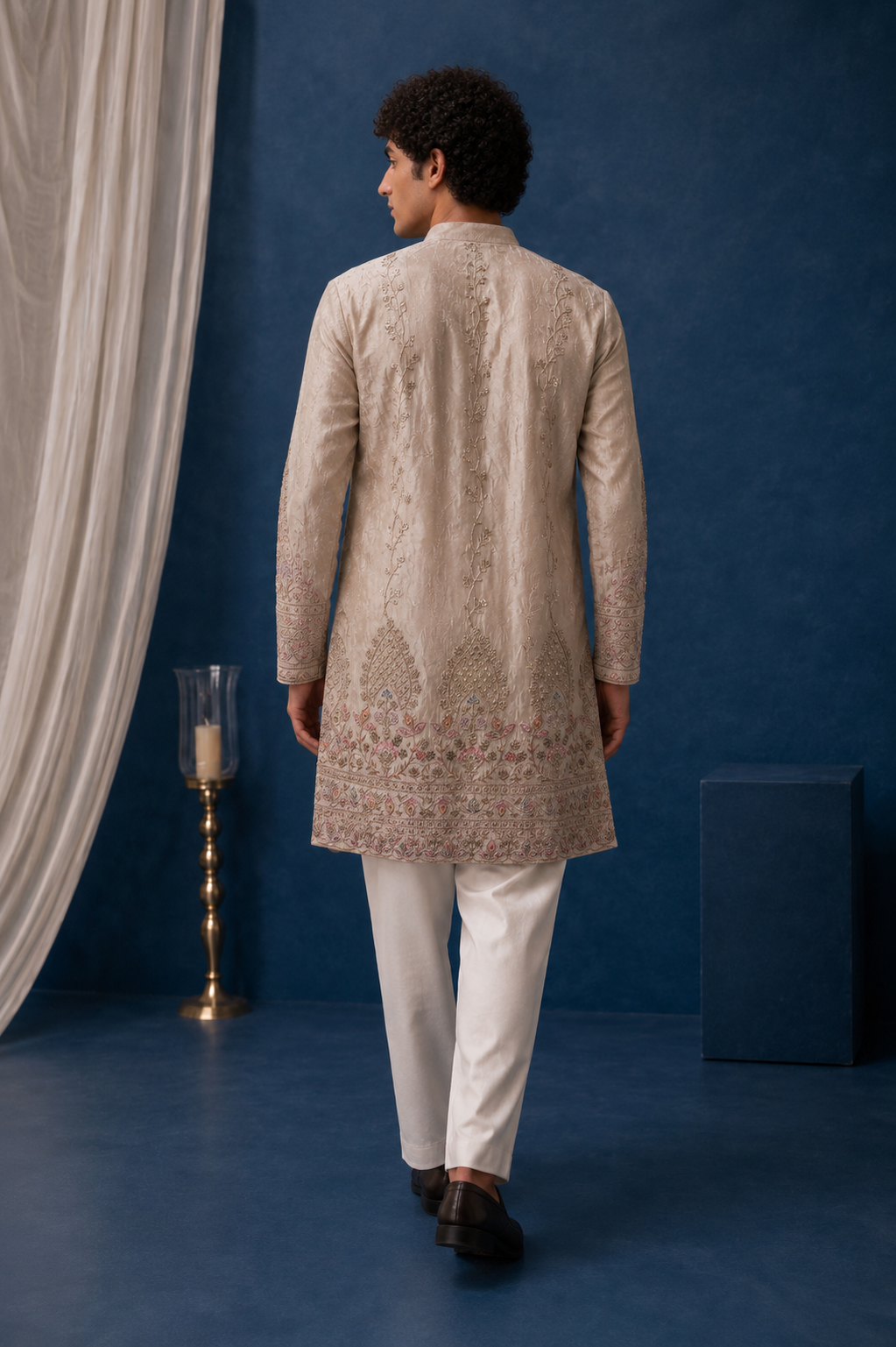 NOOR beige embroidered kurta for men - back view
