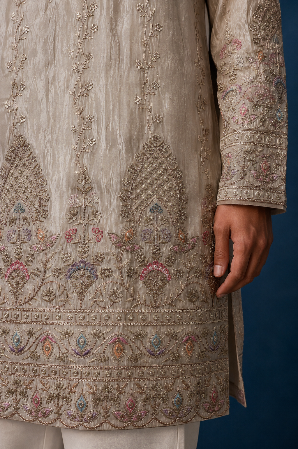 Close-up of floral vine embroidery and mandarin collar on NOOR kurta