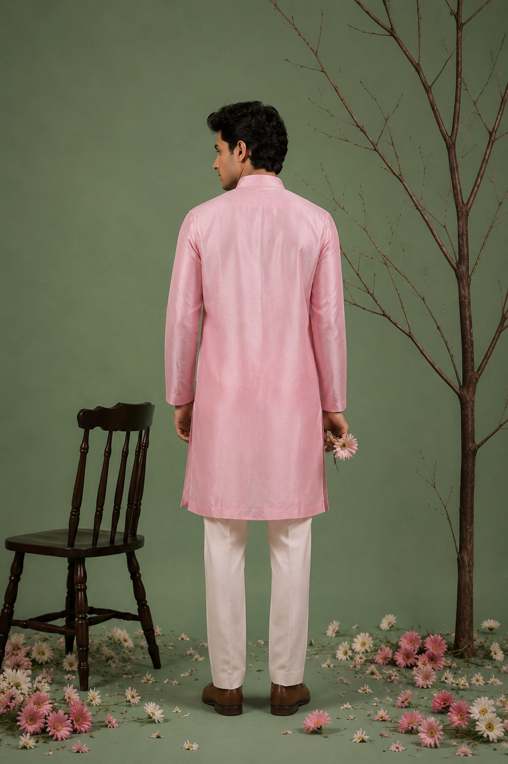 PHULKARI pink embroidered kurta for men - back view