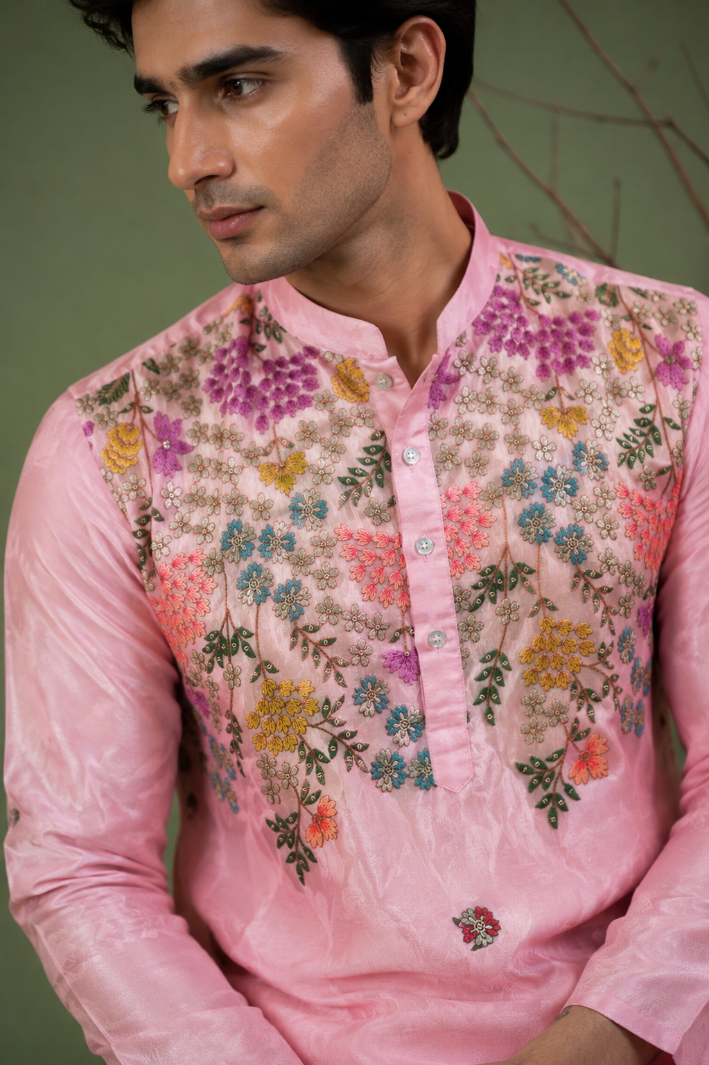 Close-up of multicolour floral embroidery on PHULKARI kurta yoke