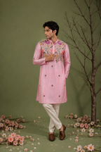 PHULKARI pink floral embroidered kurta for men - front view