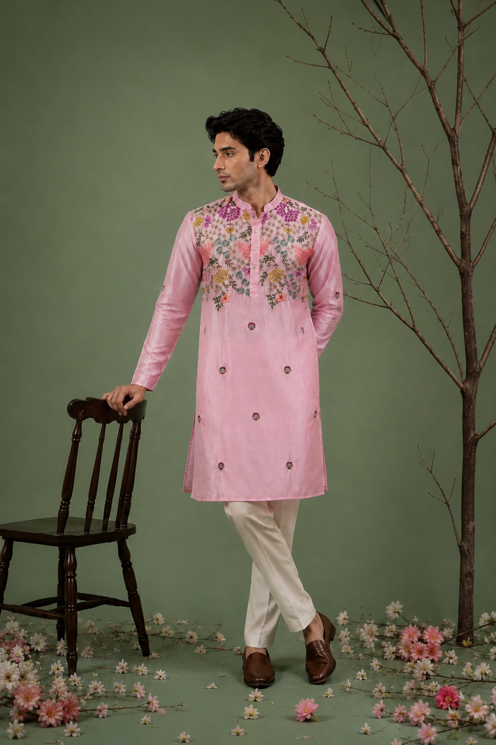 Man wearing pink floral embroidered kurta standing near a chair