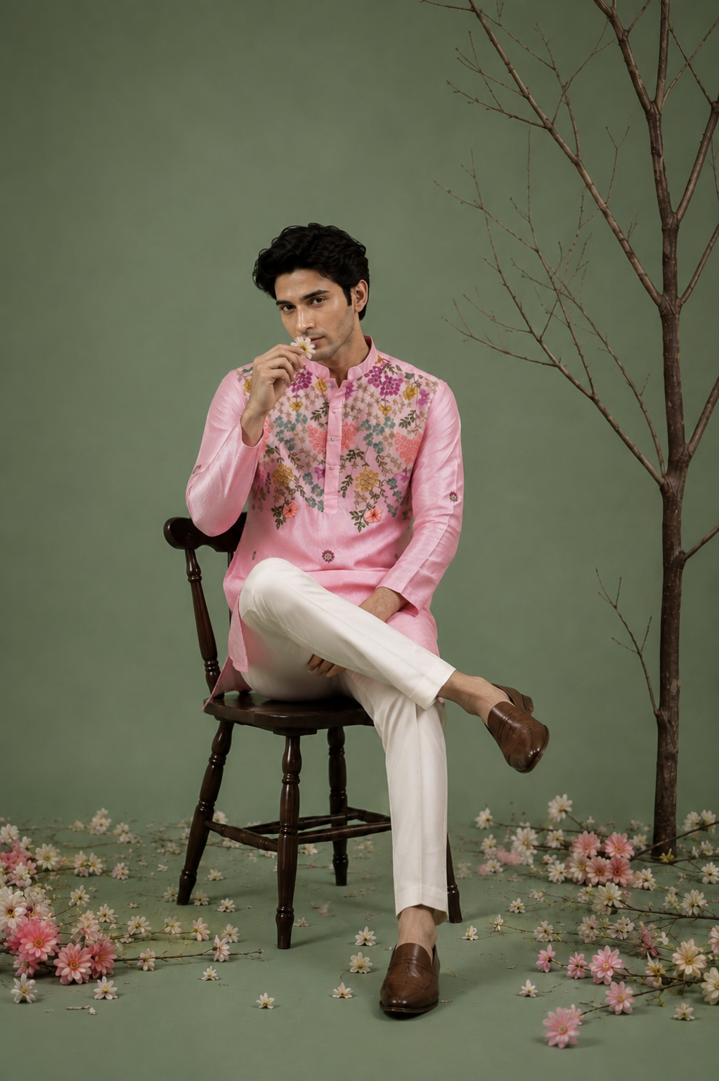  Man sitting wearing pink floral embroidered kurta - styled shot