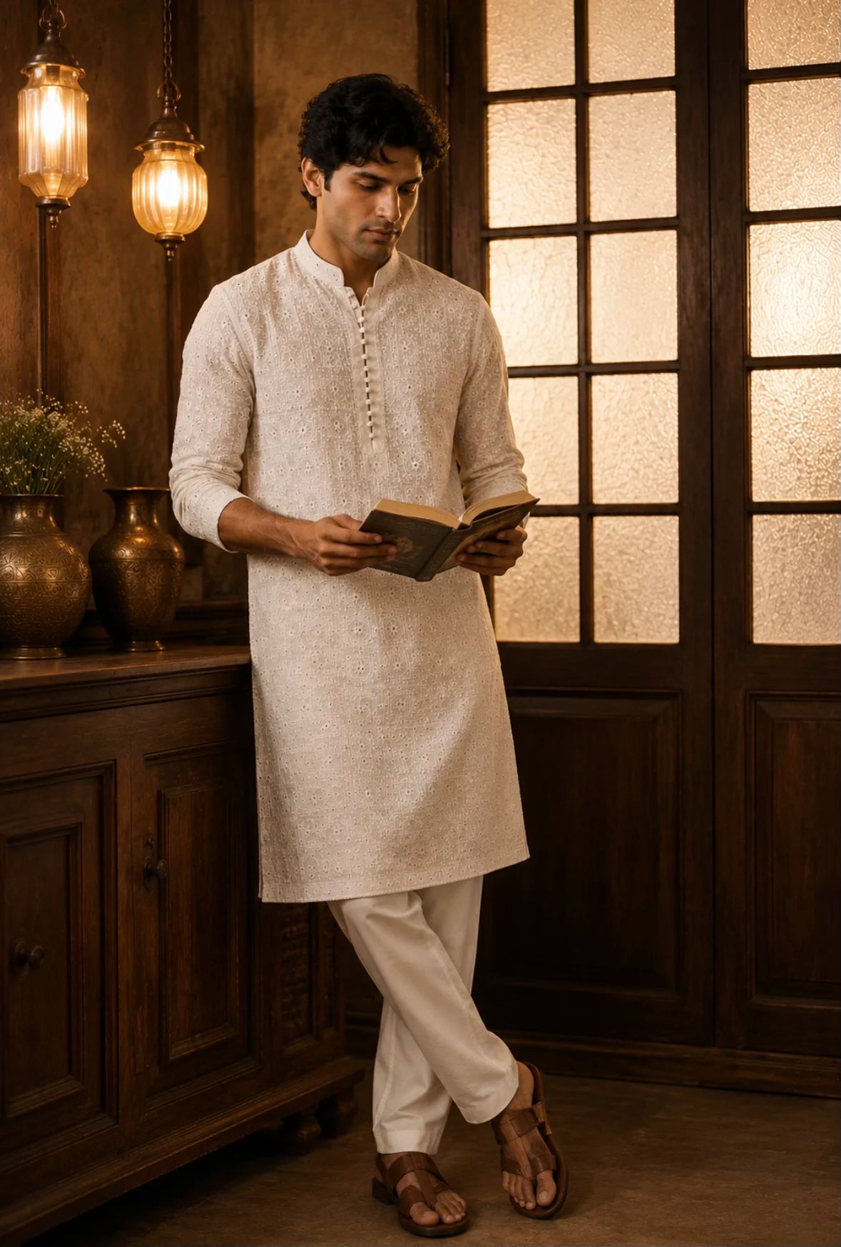 A man wearing a light beige textured kurta and matching trousers stands in a warmly lit room, holding an open book. The background features dark wood paneling, hanging lanterns, and a window with textured glass.