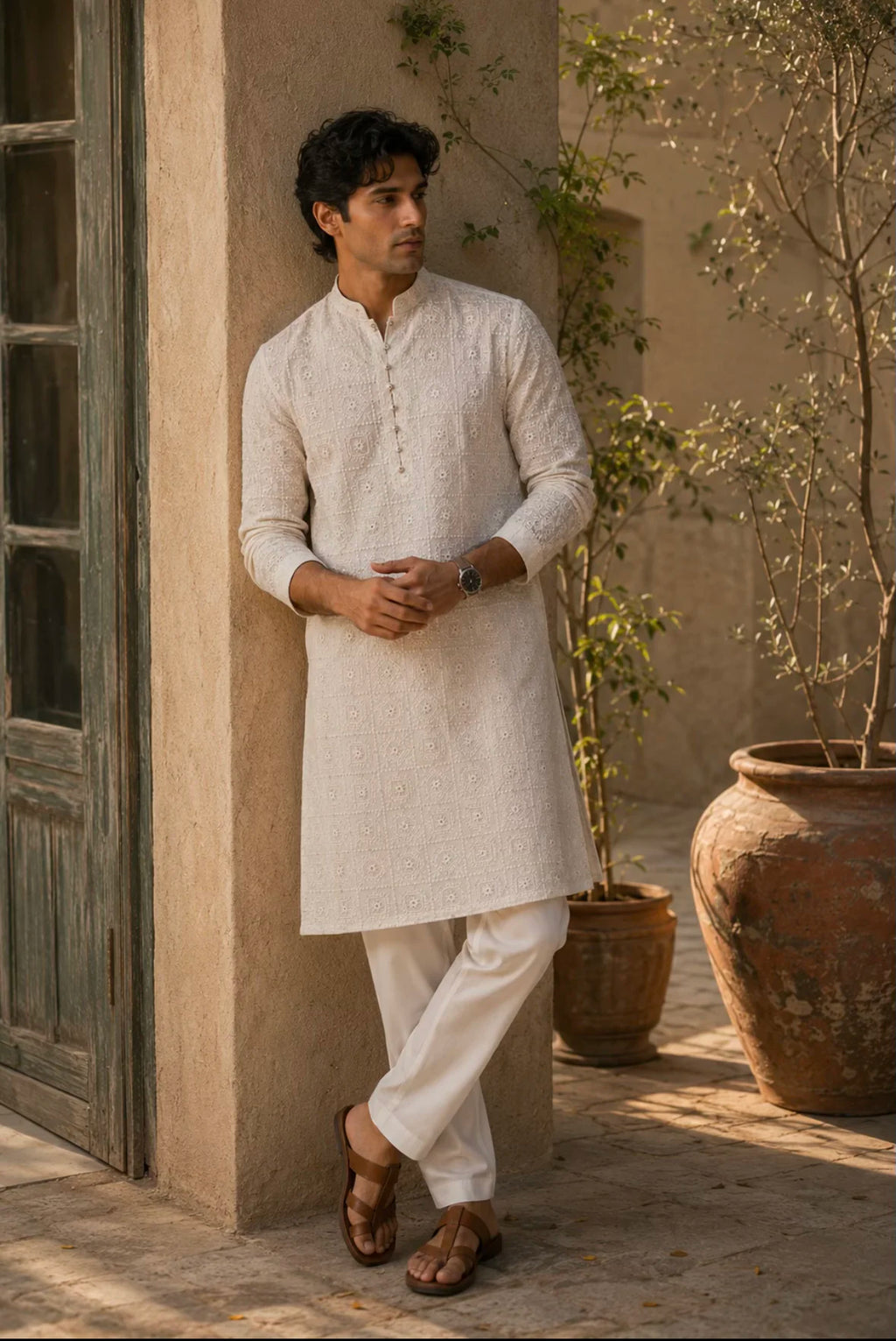 A man wearing a light beige textured kurta and white trousers stands in a sunlit courtyard next to a rustic door, with potted plants in the background.