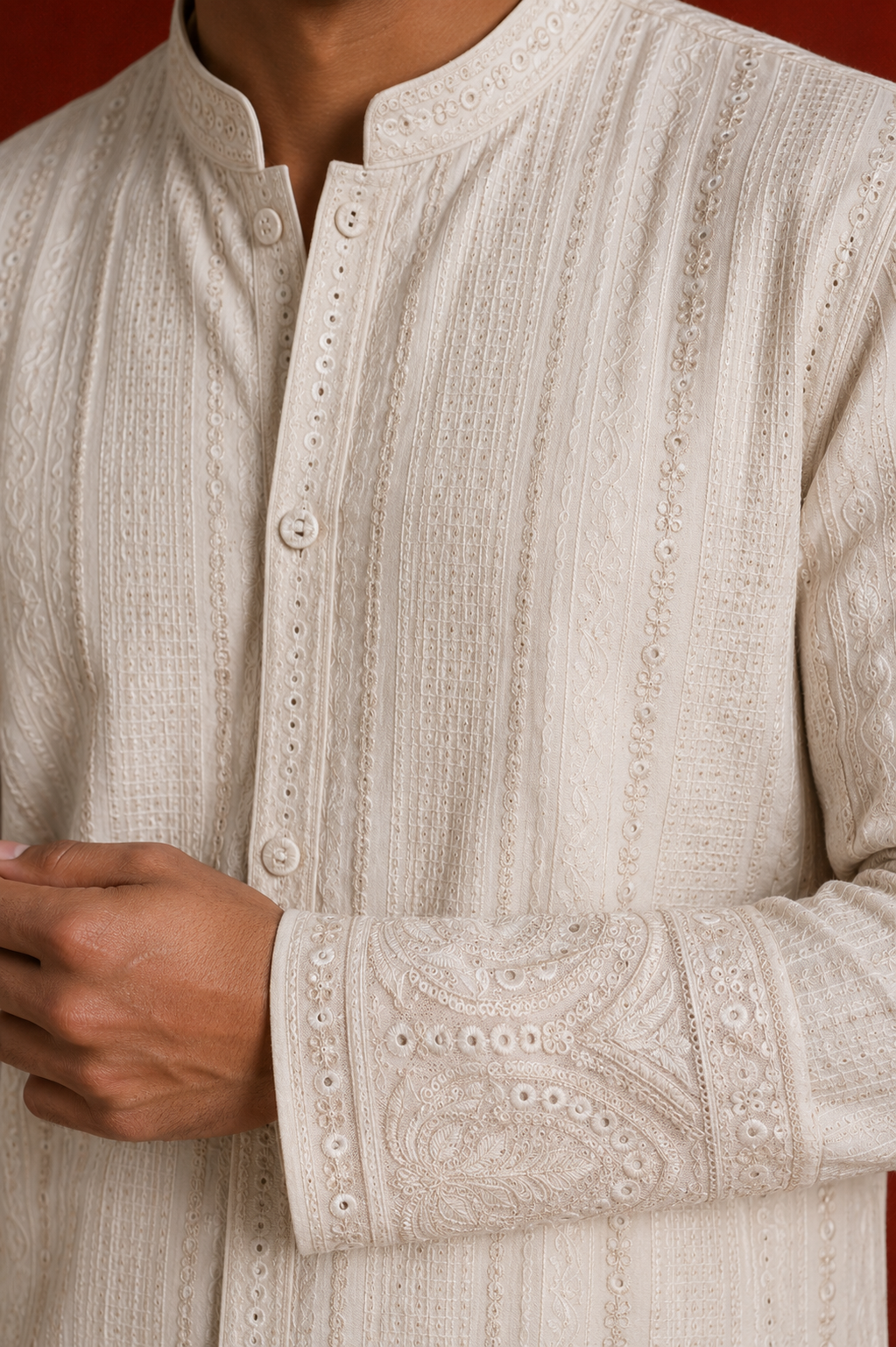 Close-up of embroidery detail on SUKOON kurta