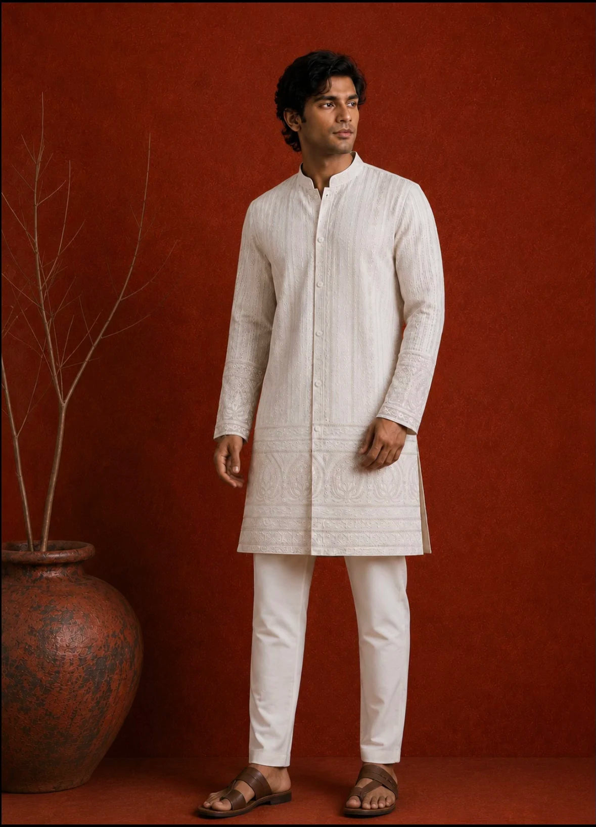 A man modeling a traditional white Indian kurta and matching trousers against a textured red-brown studio backdrop, with a large decorative pot and dried branches on the left.