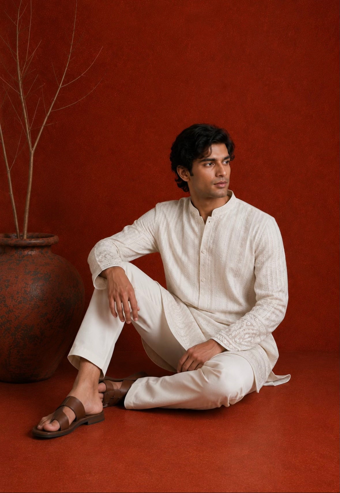 Man sitting wearing SUKOON ivory embroidered kurta set - styled shot