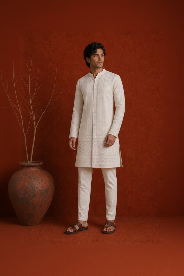 SUKOON ivory embroidered kurta set for men - front view
