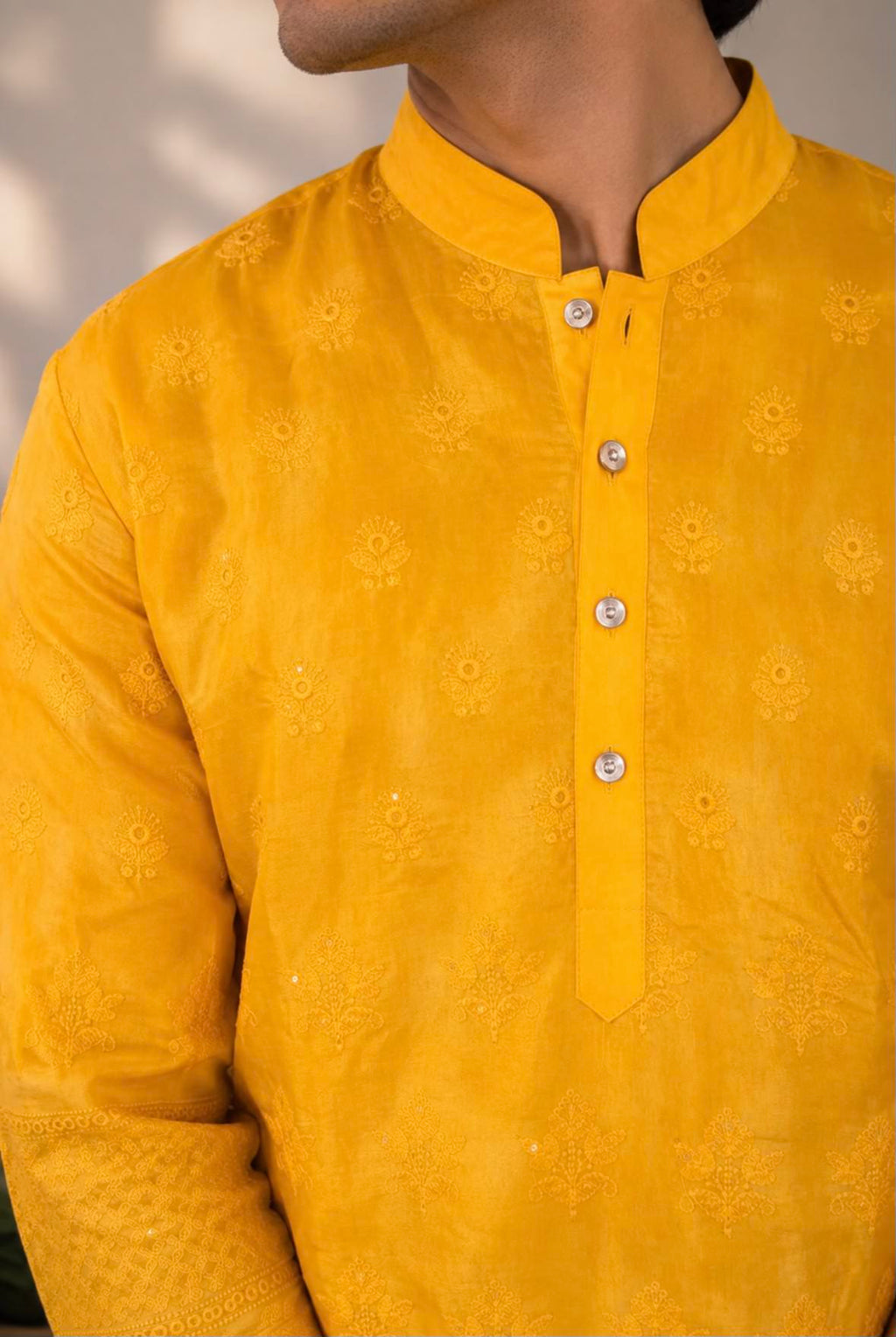 Close-up of embroidery and mandarin collar on SUNHERA kurta