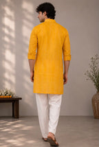 SUNHERA mustard yellow embroidered kurta for men - back view