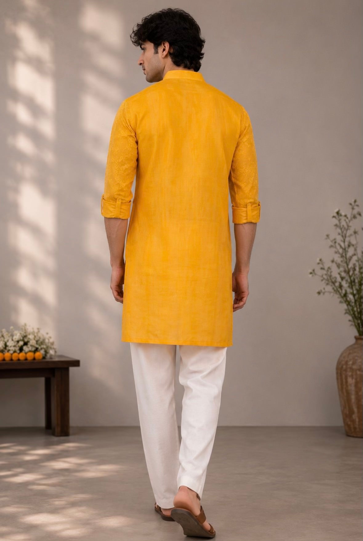 SUNHERA mustard yellow embroidered kurta for men - back view