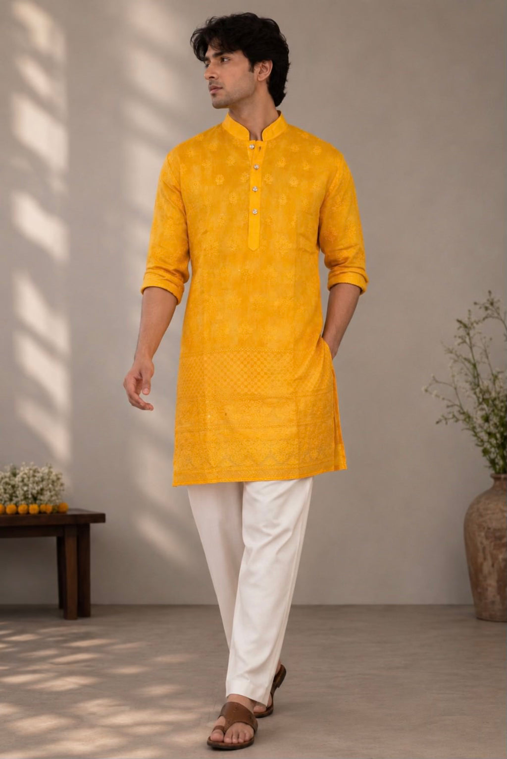SUNHERA mustard yellow embroidered kurta for men - walking front view