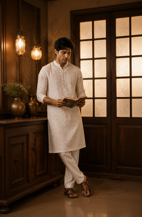 Men's beige embroidered pure georgette kurta - front view