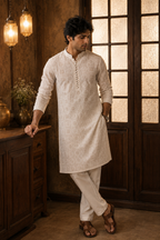 Men's beige embroidered pure georgette kurta - side view