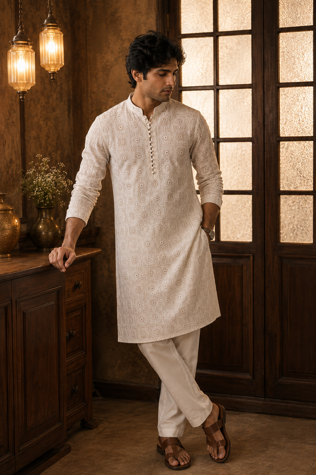 Men's beige embroidered pure georgette kurta - side view