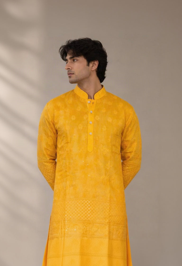  Men's mustard yellow embroidered kurta with white pants - front view