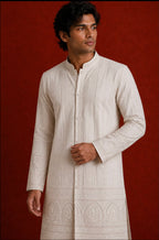 Men's ivory embroidered georgette kurta - close-up front view